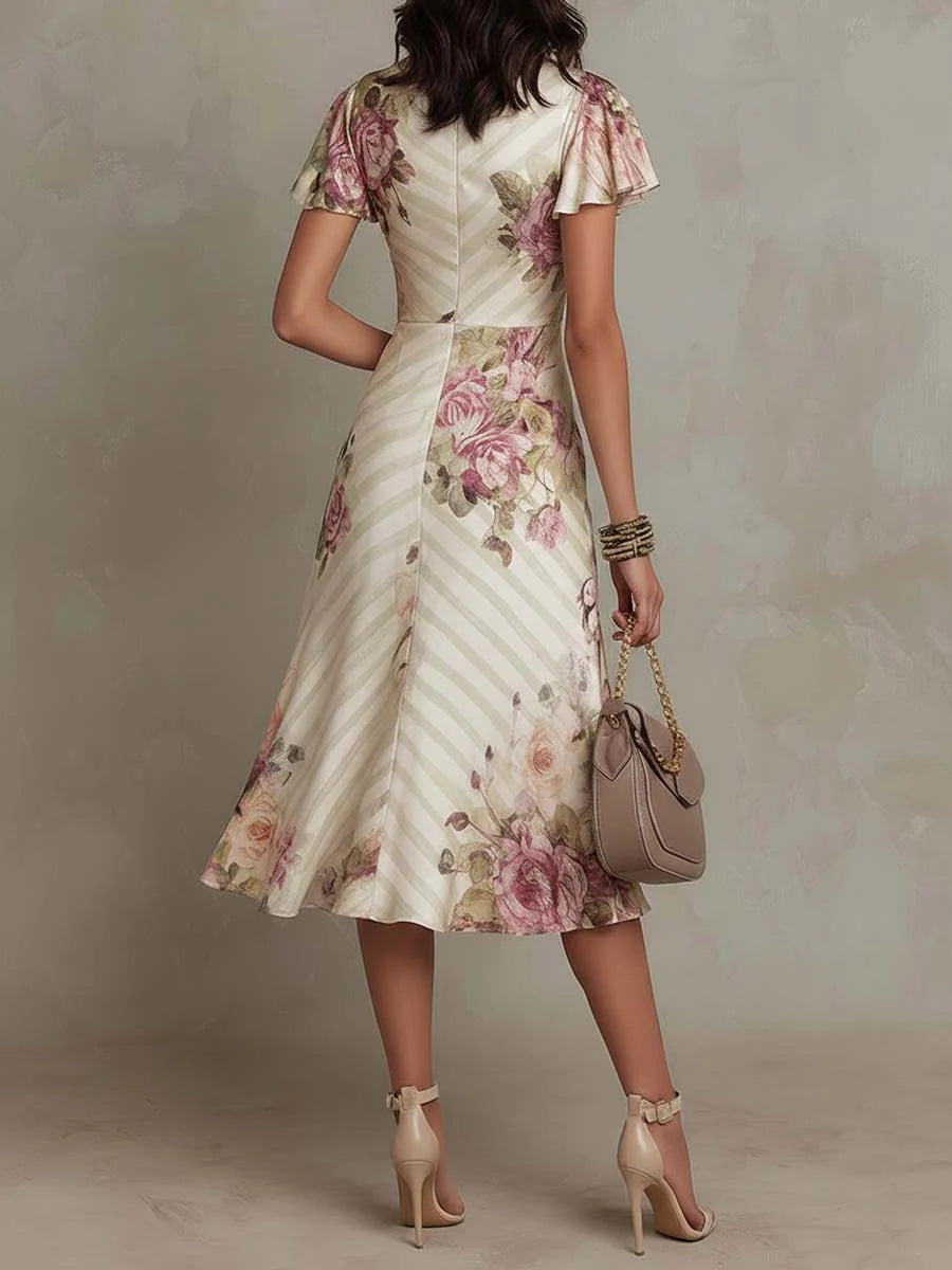 Alba | Elegant Retro Floral Satin Midi Dress
