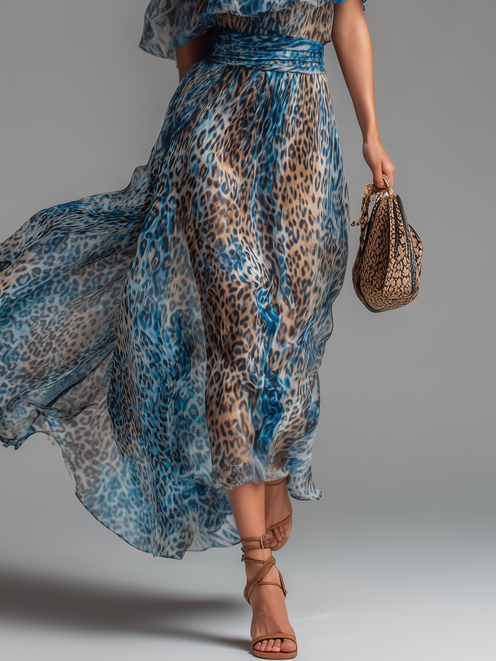 Selvaggia | Leopard Print Off-Shoulder Chiffon Maxi Dress