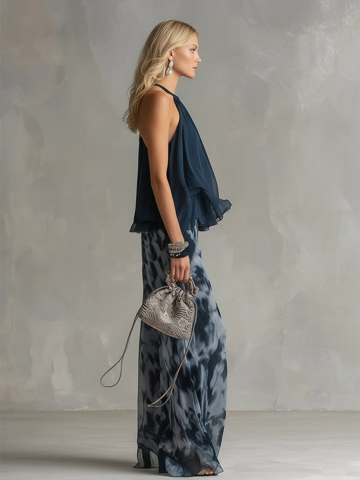 Ludovica | Elegant chiffon set with high-neck top and wide-leg printed trousers