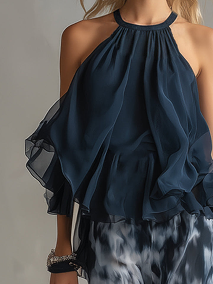 Ludovica | Elegant chiffon set with high-neck top and wide-leg printed trousers