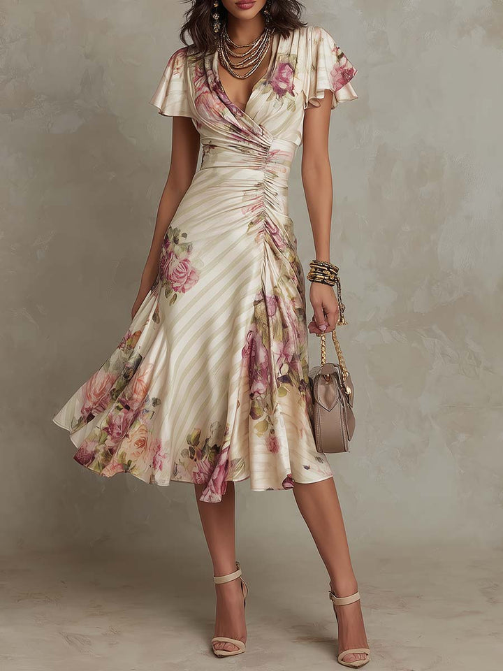 Alba | Elegant Retro Floral Satin Midi Dress
