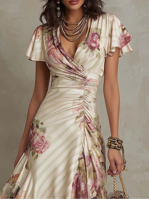 Alba | Elegant Retro Floral Satin Midi Dress
