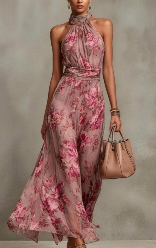 Serena | Floral Chiffon Maxi Dress with Halter Neckline