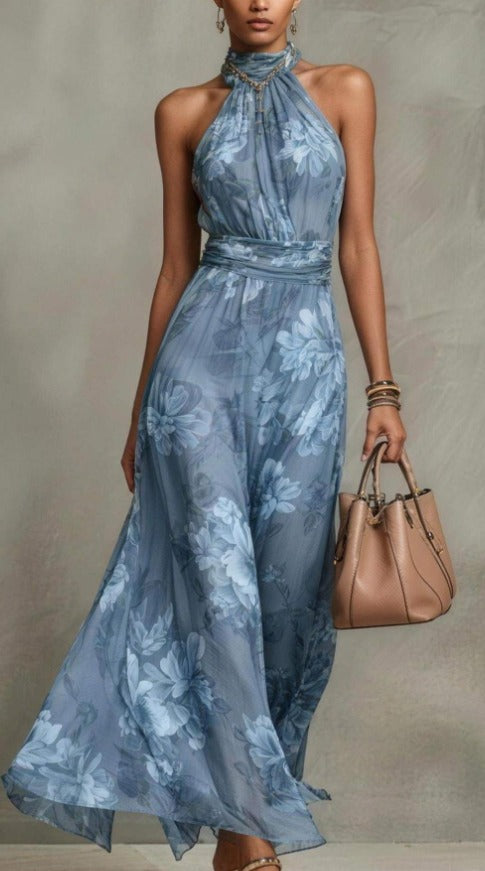 Serena | Floral Chiffon Maxi Dress with Halter Neckline