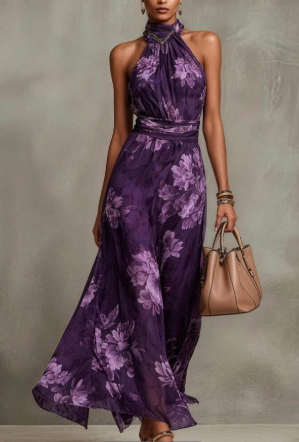 Serena | Floral Chiffon Maxi Dress with Halter Neckline