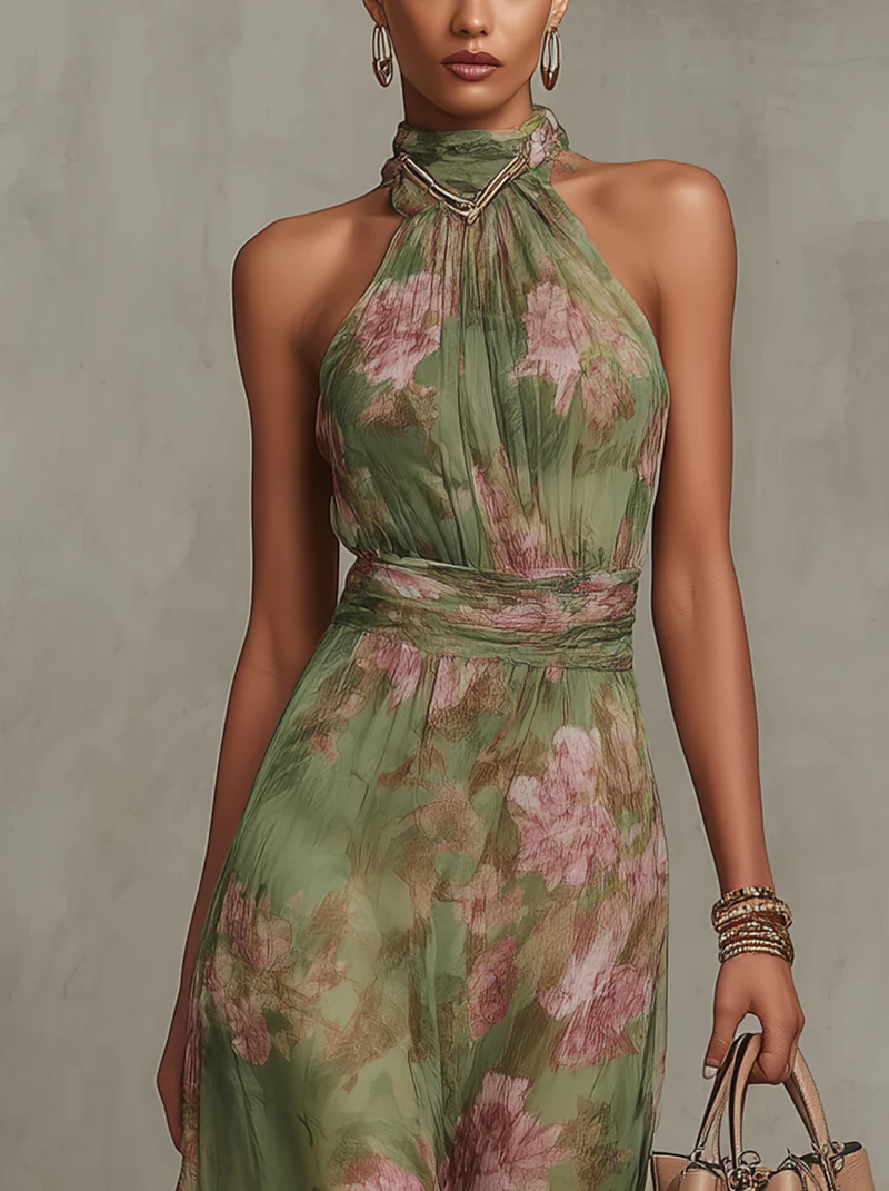Serena | Floral Chiffon Maxi Dress with Halter Neckline
