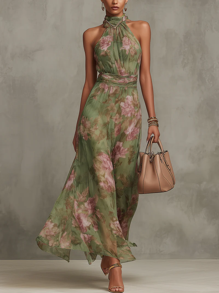 Serena | Floral Chiffon Maxi Dress with Halter Neckline