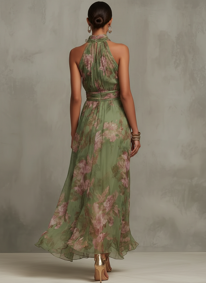 Serena | Floral Chiffon Maxi Dress with Halter Neckline