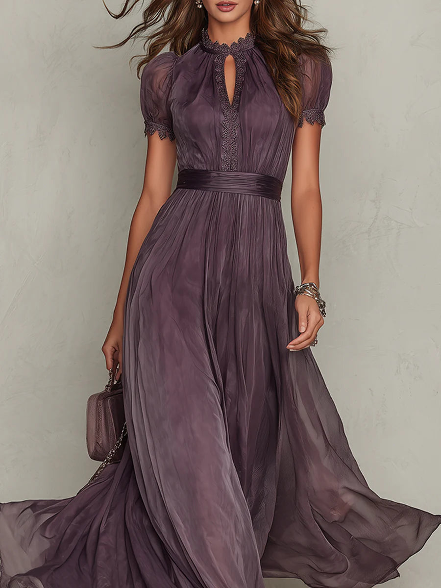 Flavia | Long Purple Dress with Keyhole Neckline & Chiffon Lace Trim