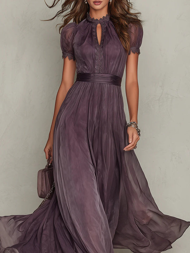 Flavia | Long Purple Dress with Keyhole Neckline & Chiffon Lace Trim