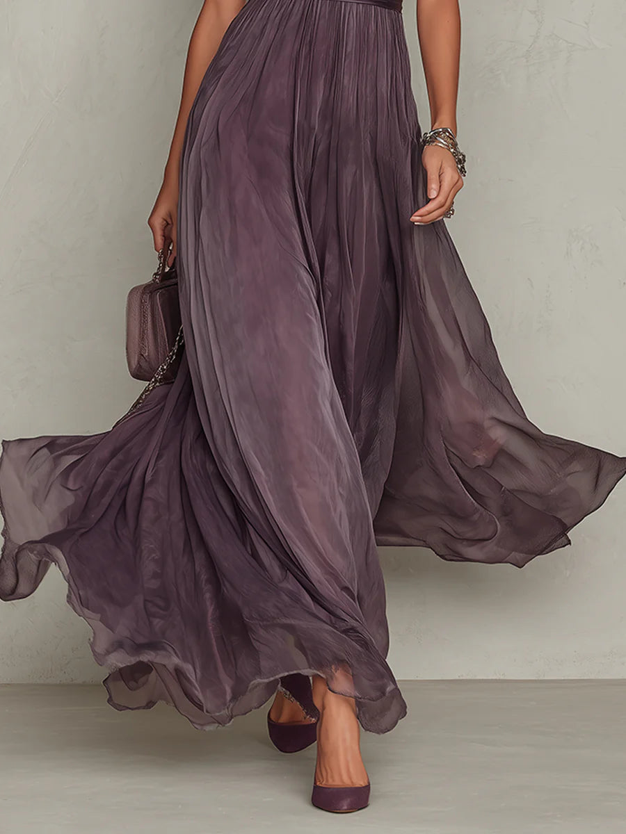 Flavia | Long Purple Dress with Keyhole Neckline & Chiffon Lace Trim