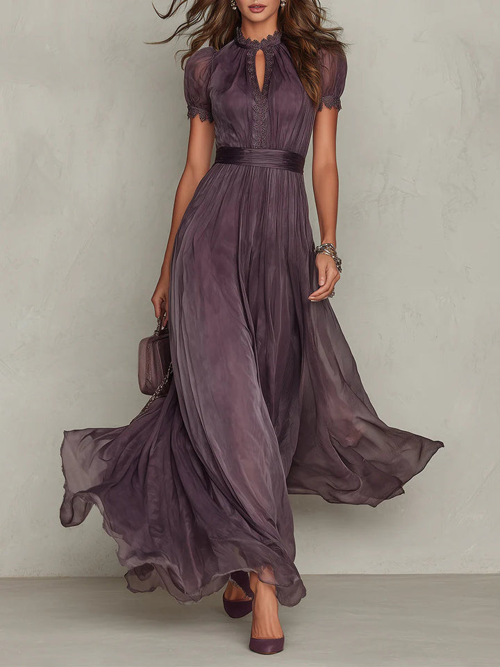 Flavia | Long Purple Dress with Keyhole Neckline & Chiffon Lace Trim