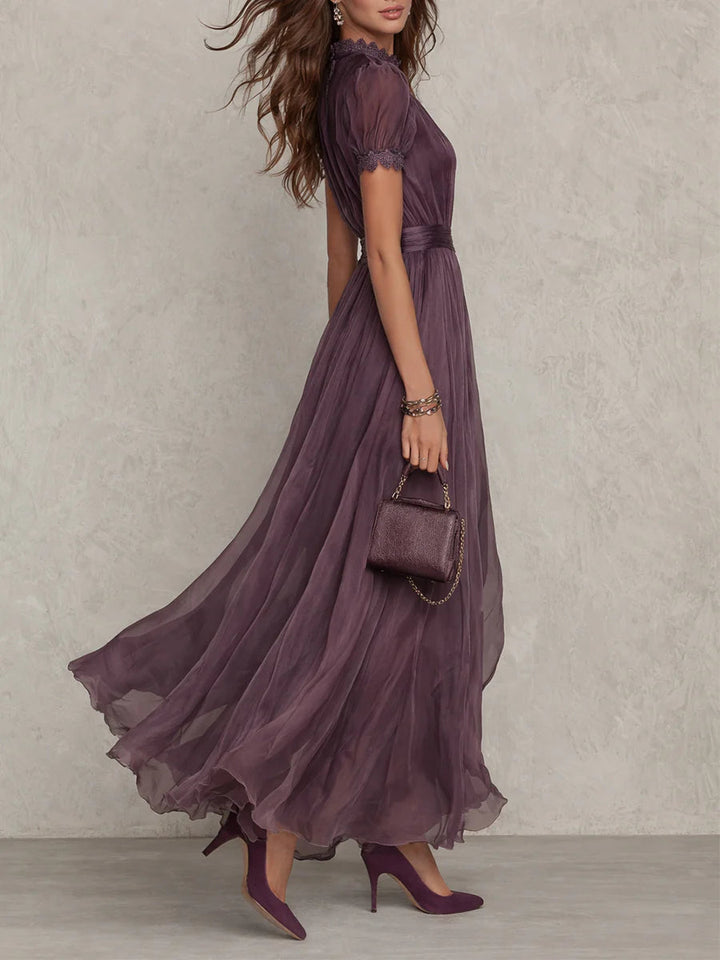 Flavia | Long Purple Dress with Keyhole Neckline & Chiffon Lace Trim
