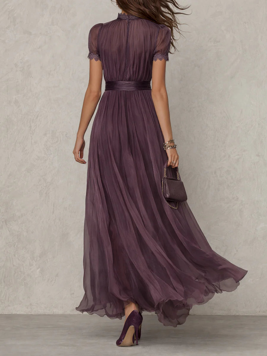 Flavia | Long Purple Dress with Keyhole Neckline & Chiffon Lace Trim