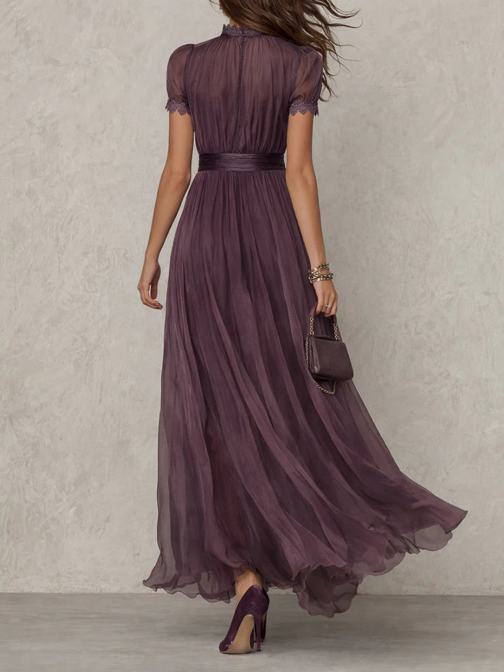 Flavia | Long Purple Dress with Keyhole Neckline & Chiffon Lace Trim