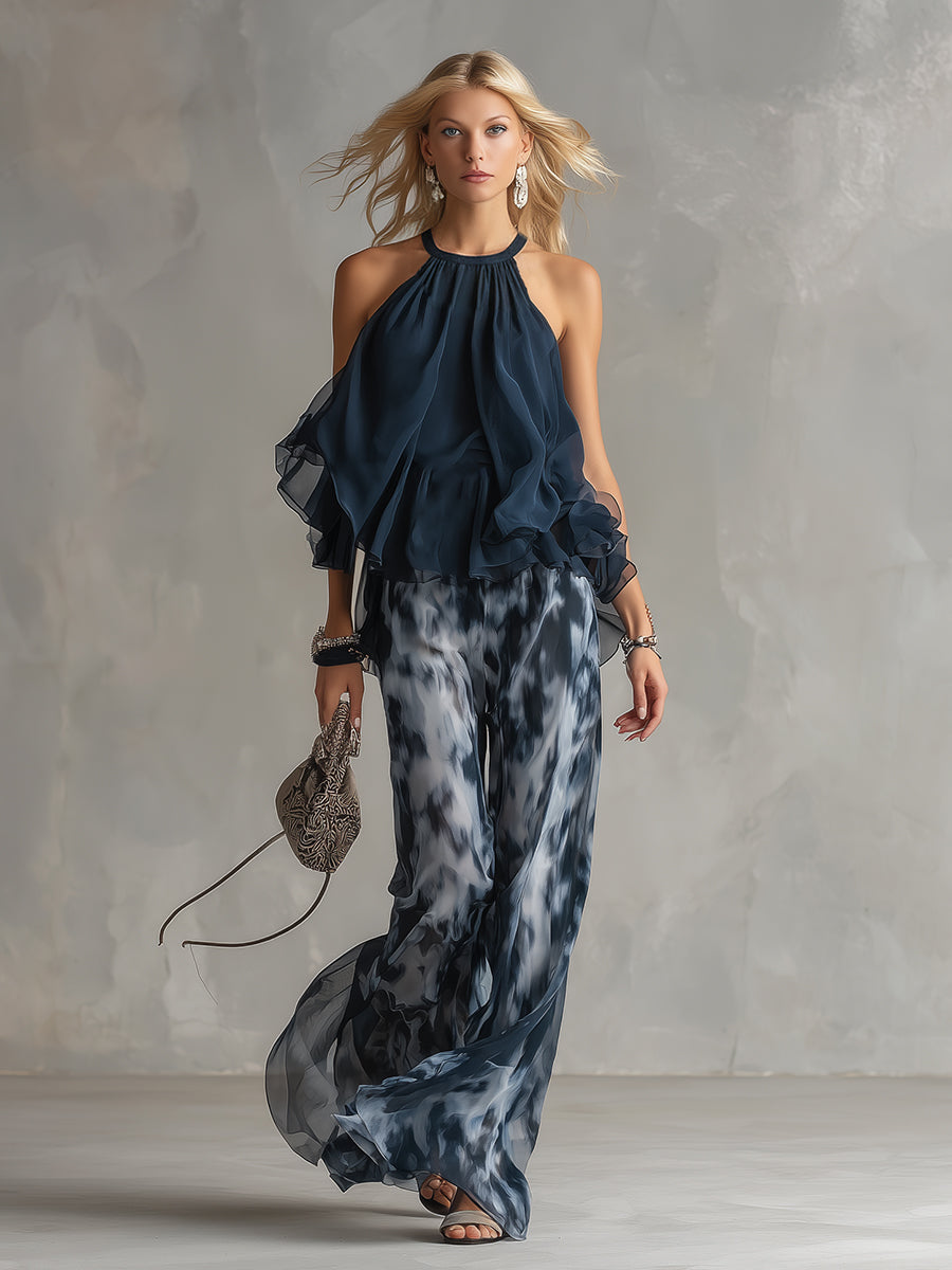 Ludovica | Elegant chiffon set with high-neck top and wide-leg printed trousers