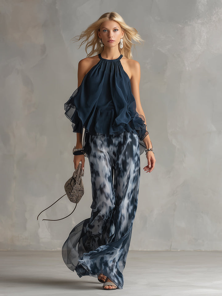 Ludovica | Elegant chiffon set with high-neck top and wide-leg printed trousers
