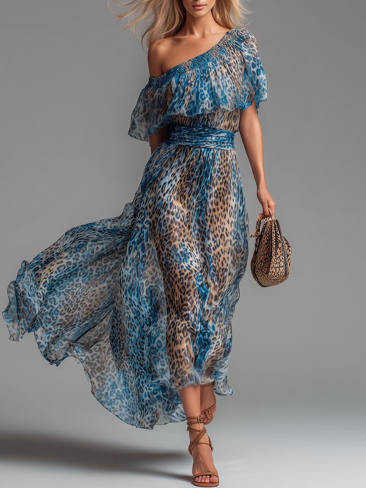 Selvaggia | Leopard Print Off-Shoulder Chiffon Maxi Dress