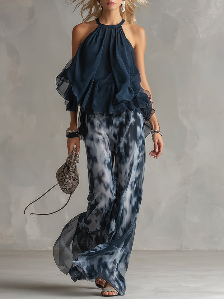 Ludovica | Elegant chiffon set with high-neck top and wide-leg printed trousers