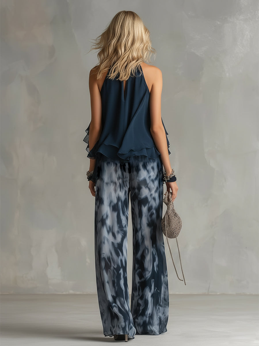 Ludovica | Elegant chiffon set with high-neck top and wide-leg printed trousers