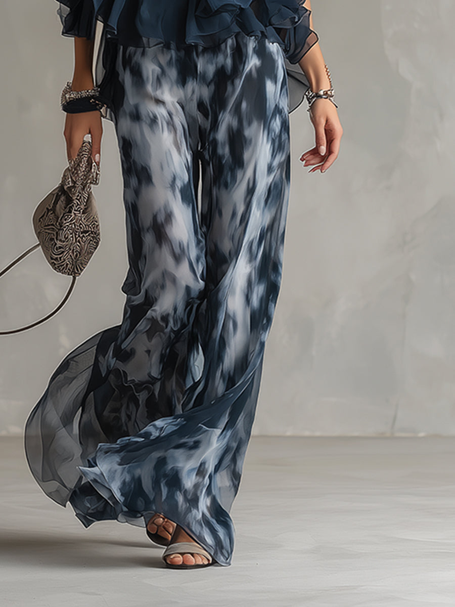 Ludovica | Elegant chiffon set with high-neck top and wide-leg printed trousers