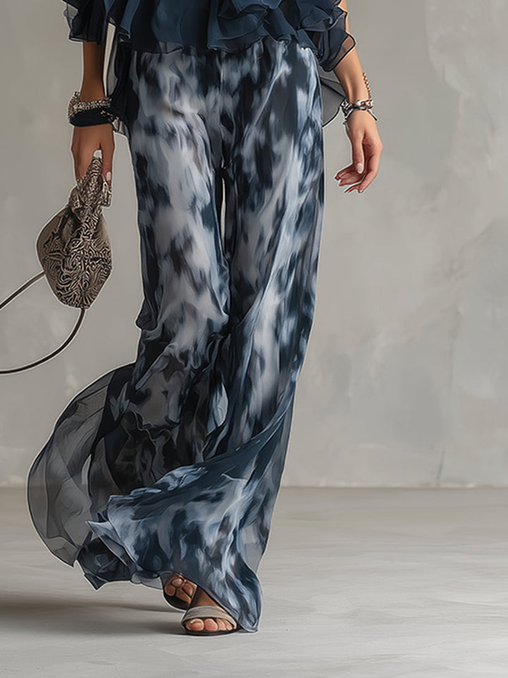 Ludovica | Elegant chiffon set with high-neck top and wide-leg printed trousers