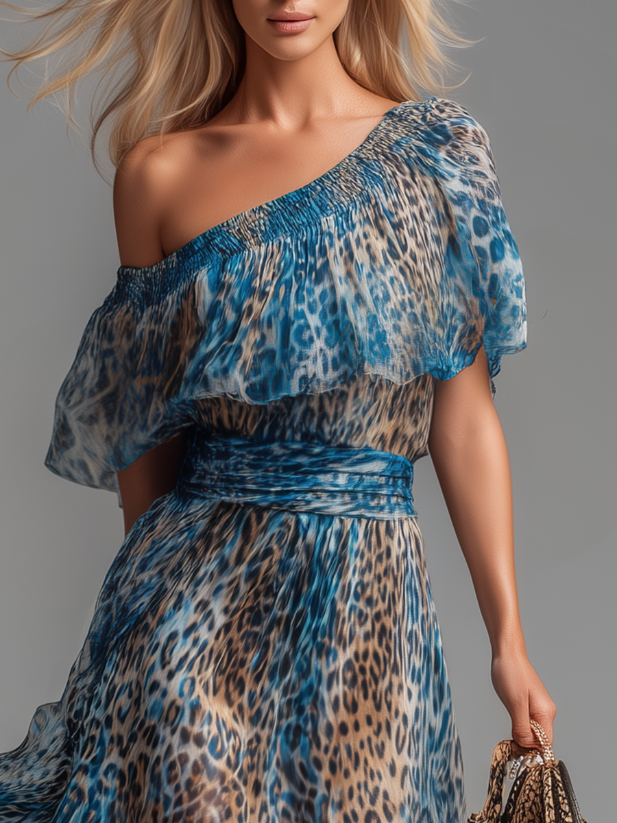 Selvaggia | Leopard Print Off-Shoulder Chiffon Maxi Dress